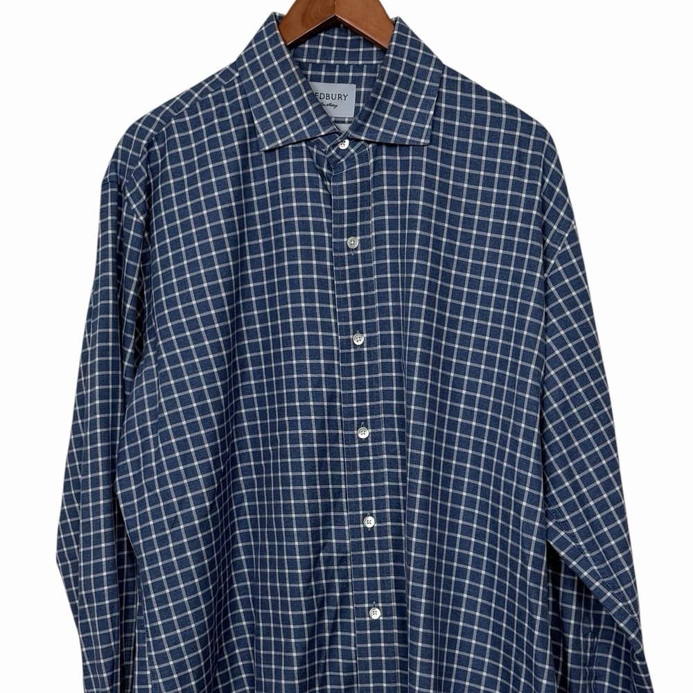 LEDBURY Slim Fit 100% Cotton Blue Herringbone Check Dress Shirt 17.5 34/35